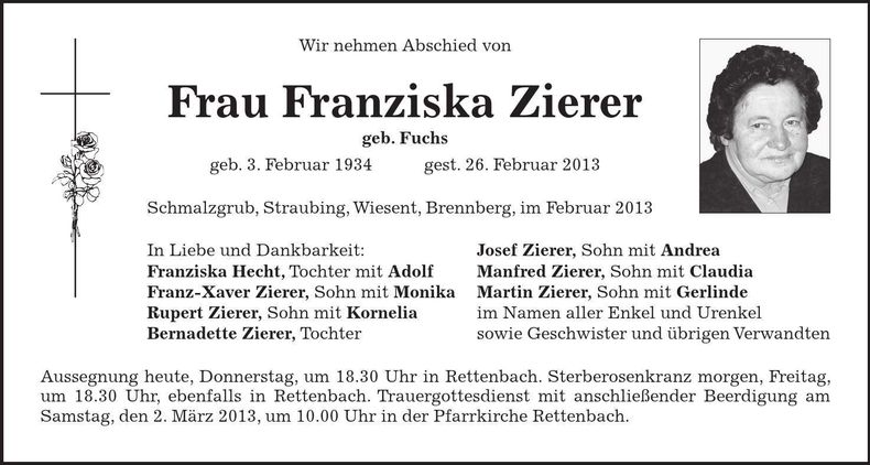 Traueranzeige Franziska Zierer