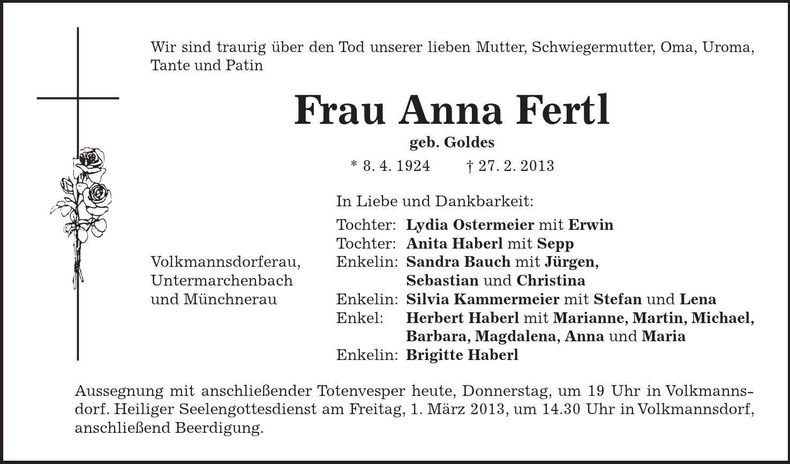 Traueranzeige Anna Fertl