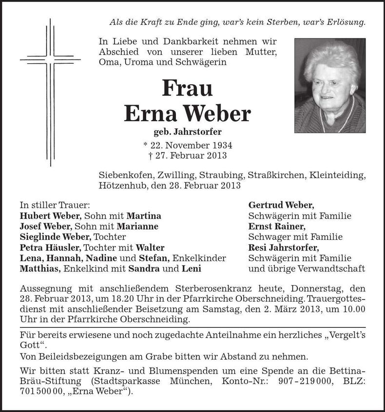 Traueranzeige Erna Weber