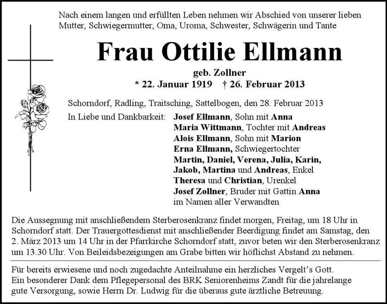 Traueranzeige Ottilie Ellmann
