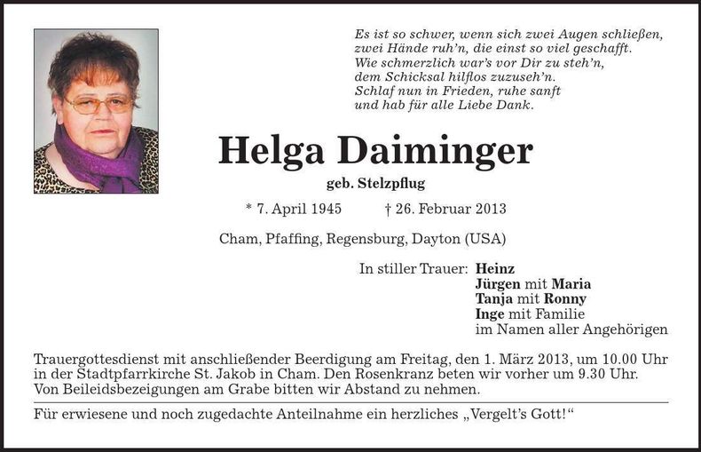 Traueranzeige Helga Daiminger