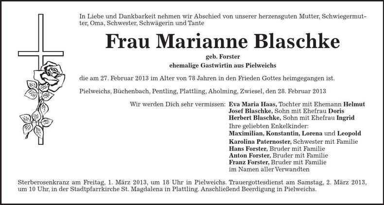 Traueranzeige Marianne Blaschke
