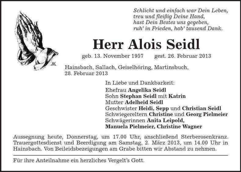 Traueranzeige Alois Seidl