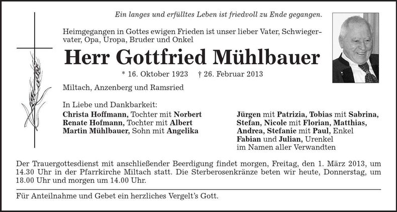 Traueranzeige Gottfried Mühlbauer