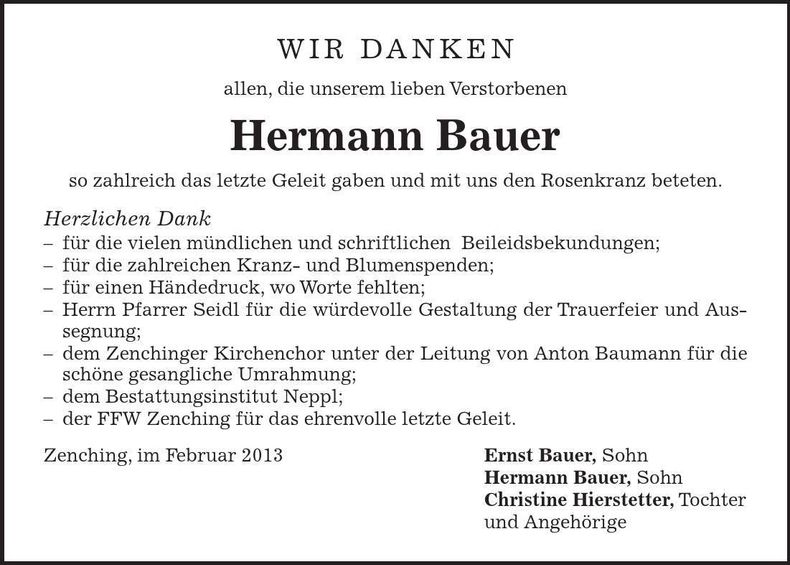 Traueranzeige Hermann Bauer