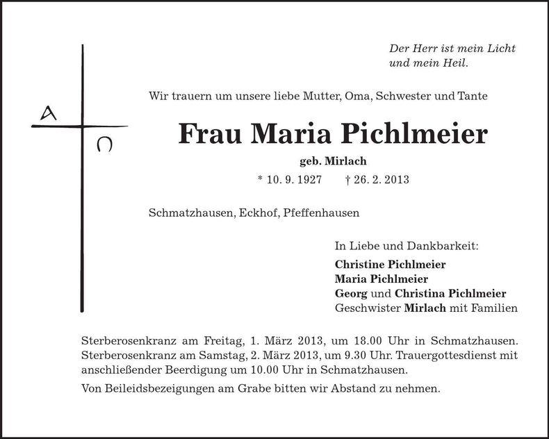 Traueranzeige Maria Pichlmeier