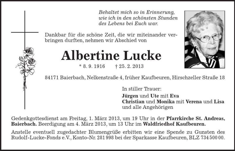 Traueranzeige Albertine Lucke