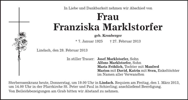 Traueranzeige Franziska Marklstorfer
