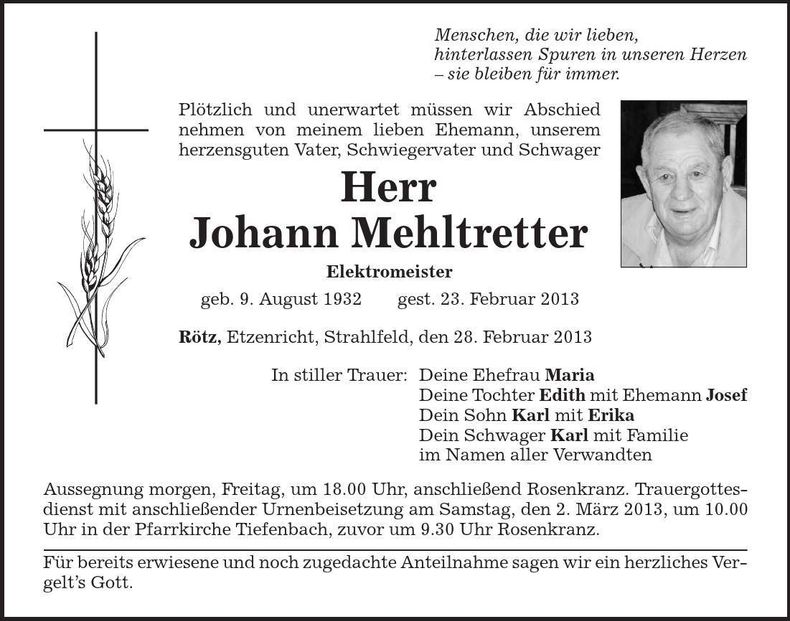 Traueranzeige Johann Mehltretter