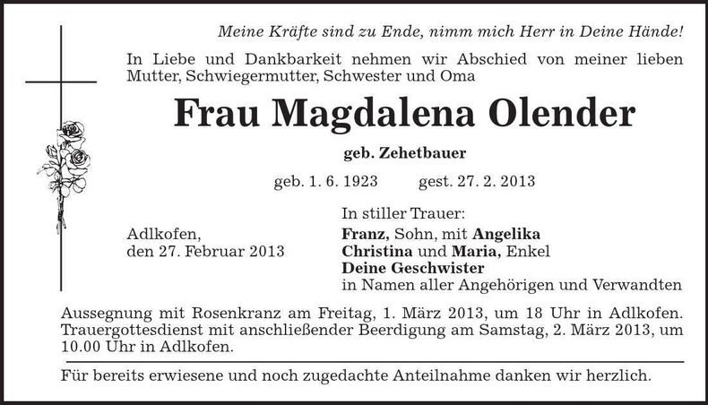 Traueranzeige Magdalena Olender