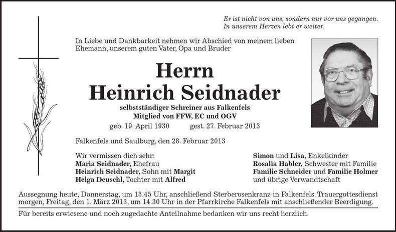 Traueranzeige Heinrich Seidnader