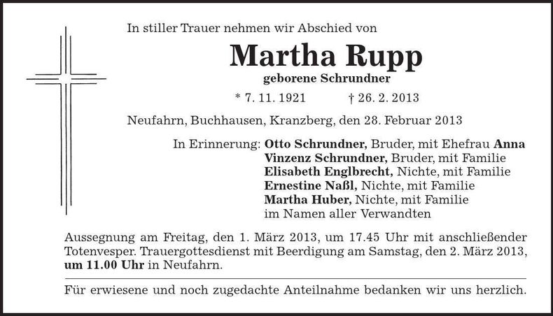 Traueranzeige Martha Rupp