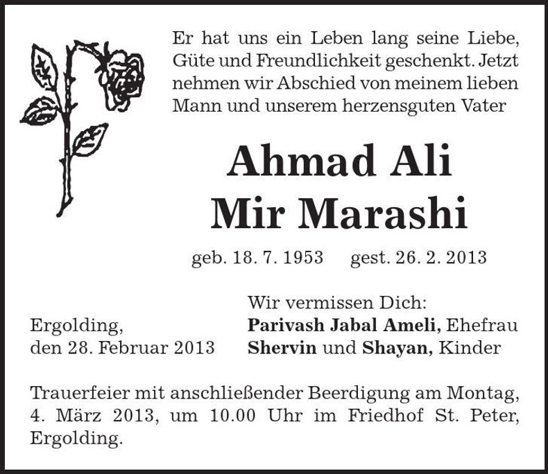 Traueranzeige Ahmad Ali Mir Marashi