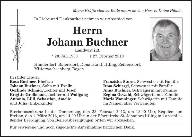 Traueranzeige Johann Buchner