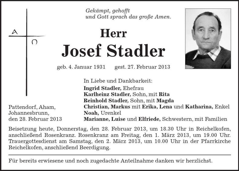 Traueranzeige Josef Stadler