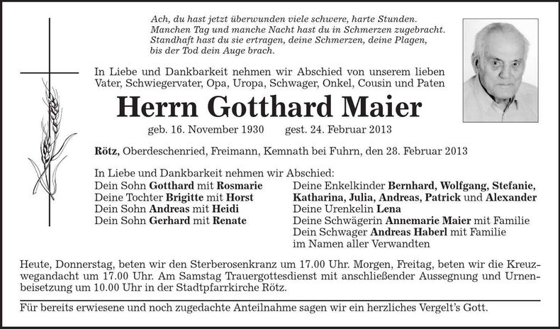 Traueranzeige Gotthard Maier