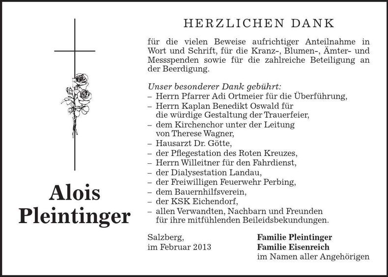Traueranzeige Alois Pleintinger