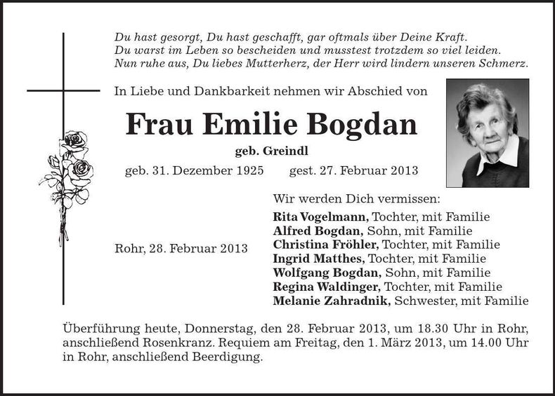 Traueranzeige Emilie Bogdan