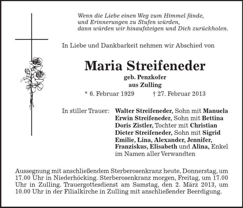 Traueranzeige Maria Streifeneder