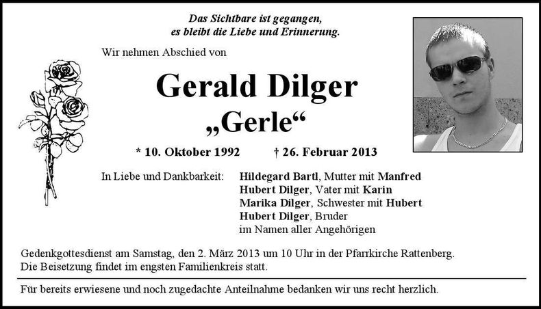 Traueranzeige Gerald Dilger