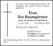 Traueranzeige Ilse Baumgärtner