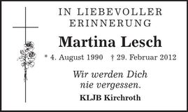 Traueranzeige Martina Lesch