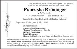 Traueranzeige Franziska Kröninger