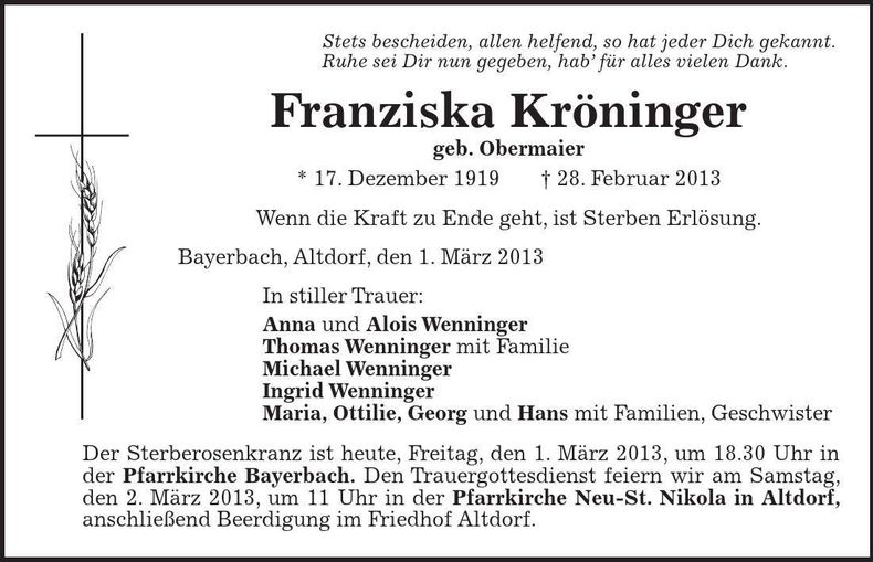 Traueranzeige Franziska Kröninger