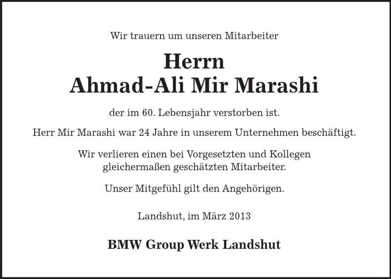 Traueranzeige Ahmad-Ali Mir Marashi