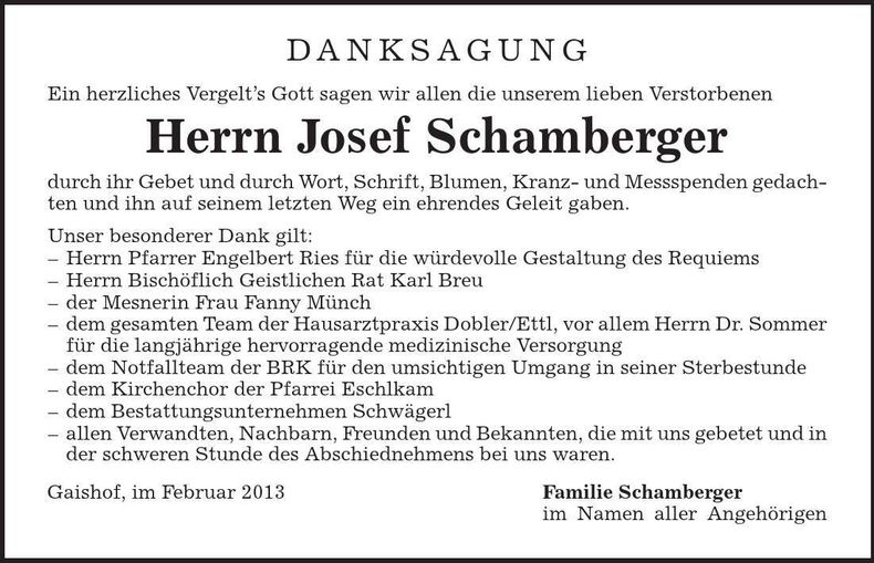 Traueranzeige Josef Schamberger