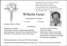 Traueranzeige Wilhelm Geser