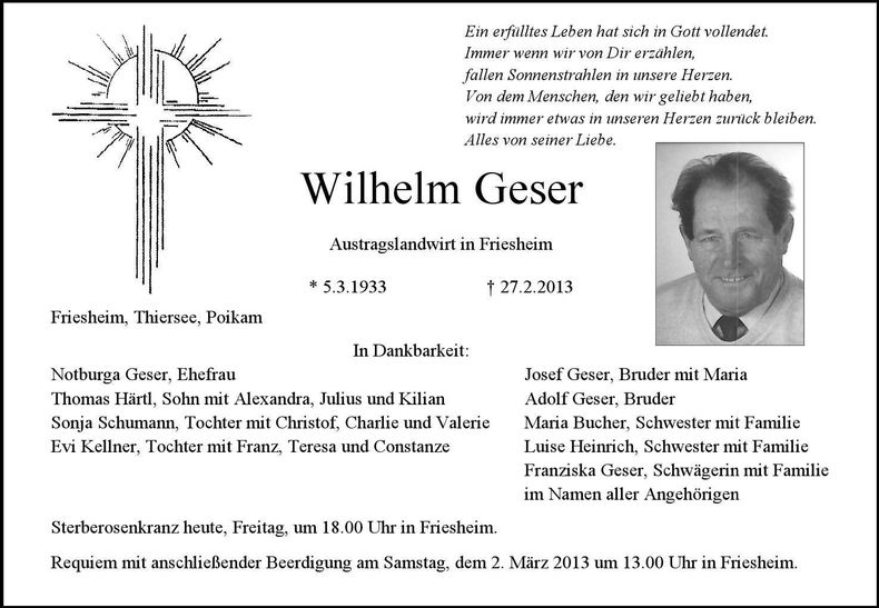 Traueranzeige Wilhelm Geser