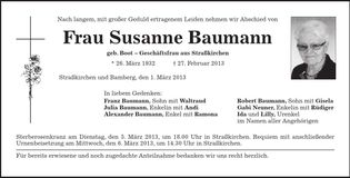 Traueranzeige Susanne Baumann