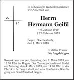 Traueranzeige Hermann Geißl