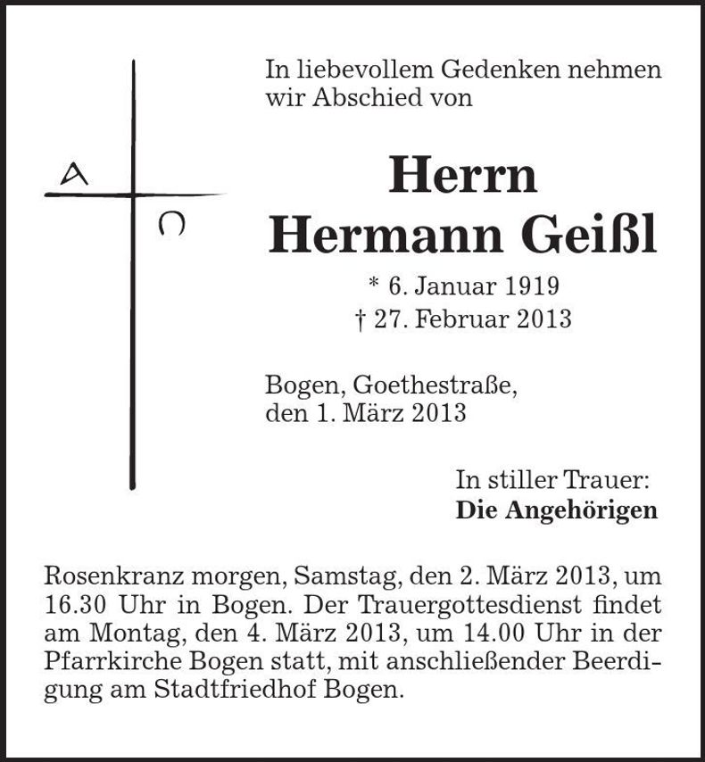 Traueranzeige Hermann Geißl