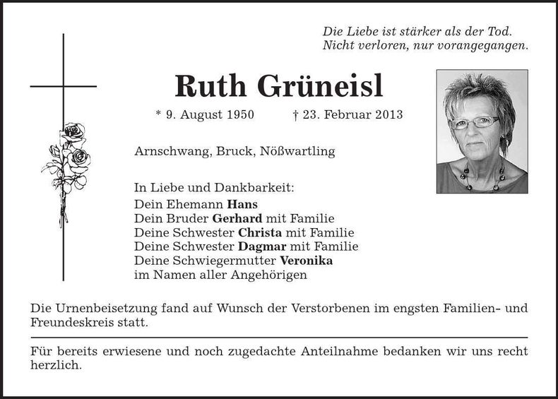 Traueranzeige Ruth Grüneisl