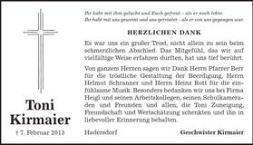 Traueranzeige Toni Kirmaier
