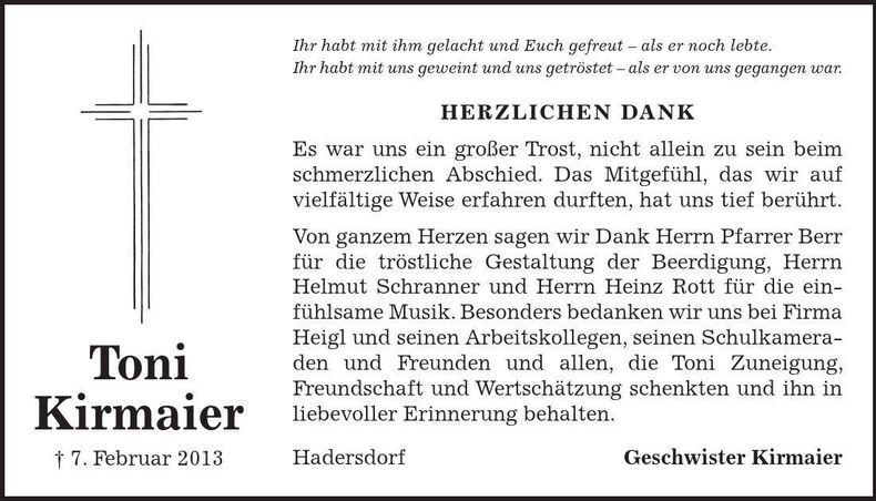 Traueranzeige Toni Kirmaier