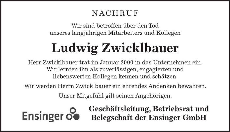 Traueranzeige Ludwig Zwicklbauer