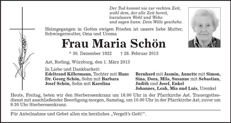 Traueranzeige Maria Schön