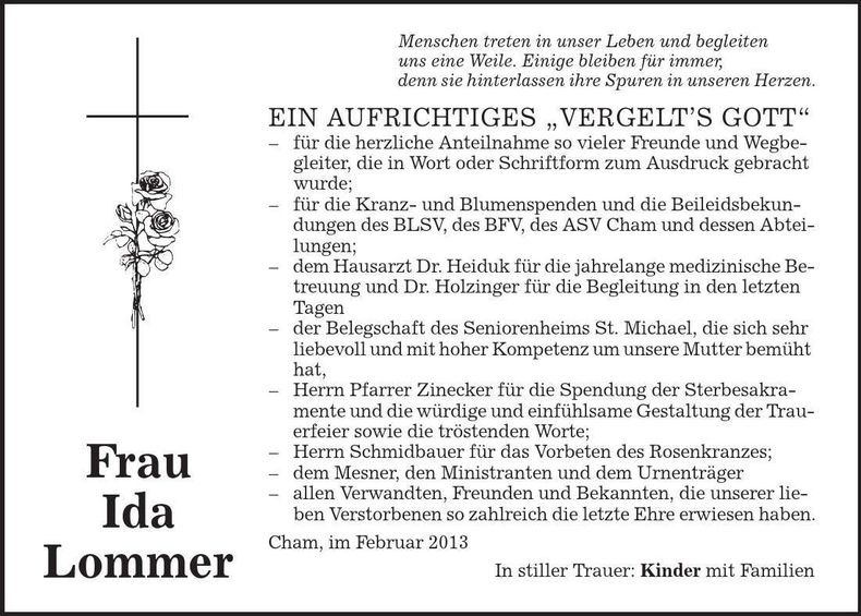 Traueranzeige Ida Lommer