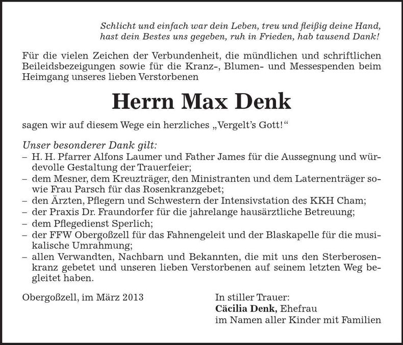 Traueranzeige Max Denk