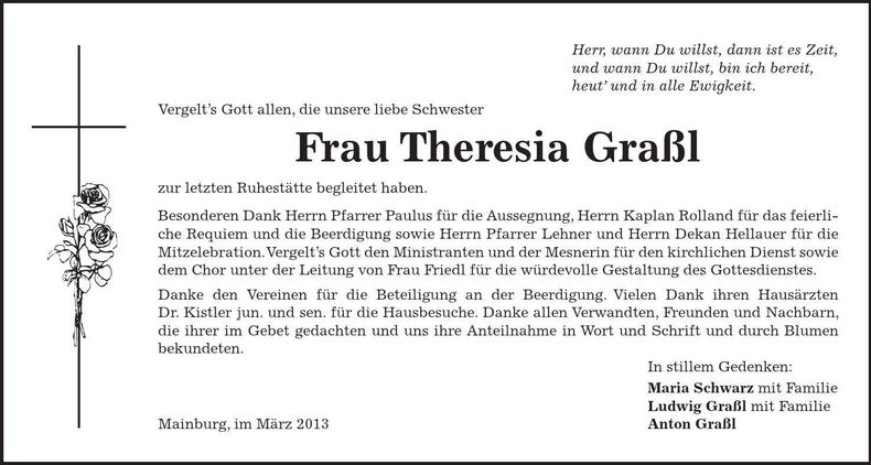 Traueranzeige Theresia Graßl