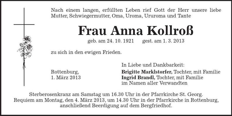Traueranzeige Anna Kollroß