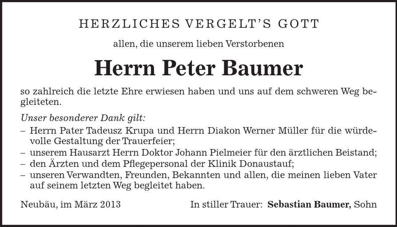 Traueranzeige Peter Baumer