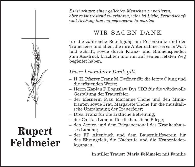 Traueranzeige Rupert Feldmeier
