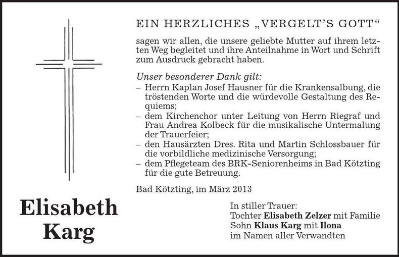 Traueranzeige Elisabeth Karg