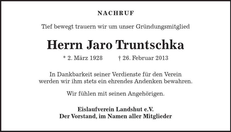 Traueranzeige Jaro Truntschka