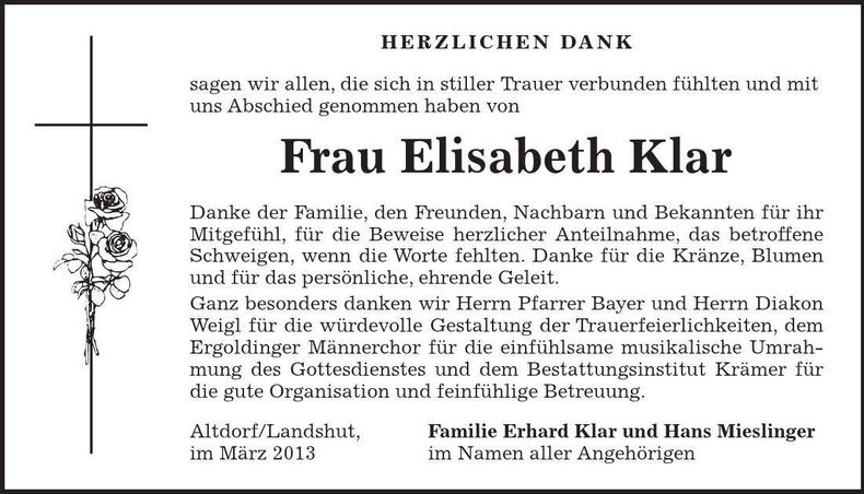 Traueranzeige Elisabeth Klar
