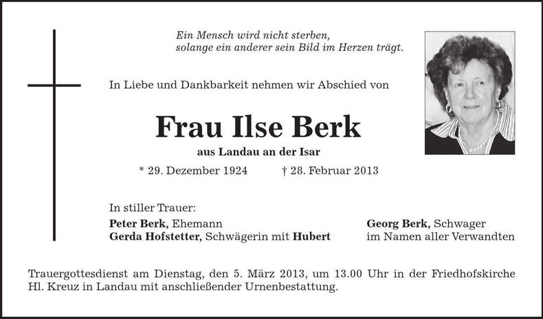 Traueranzeige Ilse Berk